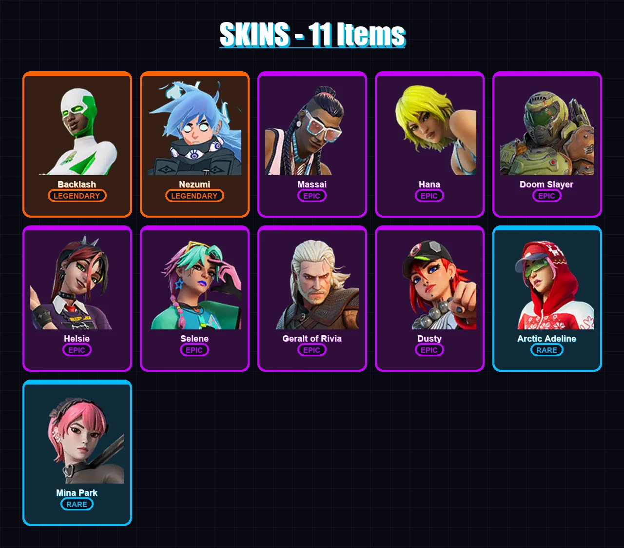 [PC/XBOX] | Backlash | Nezumi | Massai | Hana | Doom Slayer | 11 skin | 11 pickaxe | 11 emote | 12 glider | Lv88