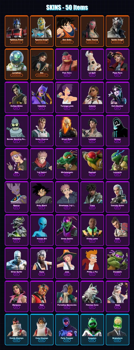 [PC/XBOX/PSN] | Optimus Prime | Spectra Knight | Son Goku | Kado Thorne | Spider Knight | 50 skin | 54 pickaxe | 59 emote | 39 glider | Lv369