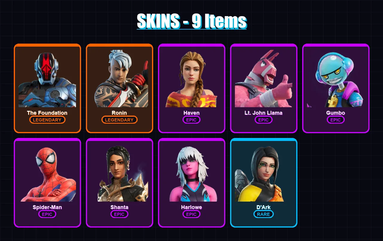[PC/PSN] | The Foundation | Ronin | Haven | Lt. John Llama | Gumbo | 9 skin | 15 pickaxe | 13 emote | 16 glider | Lv202