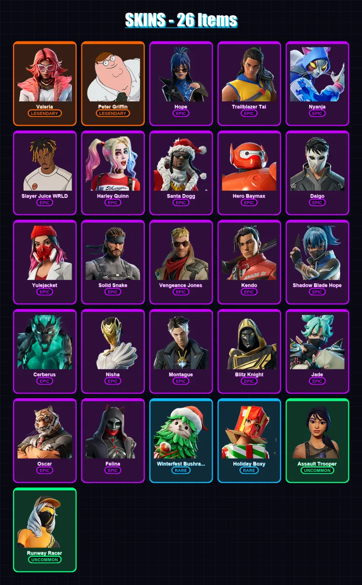 [PC/XBOX/PSN] | Valeria | Peter Griffin | Hope | Trailblazer Tai | Nyanja | 26 skin | 56 pickaxe | 31 emote | 35 glider | Lv538