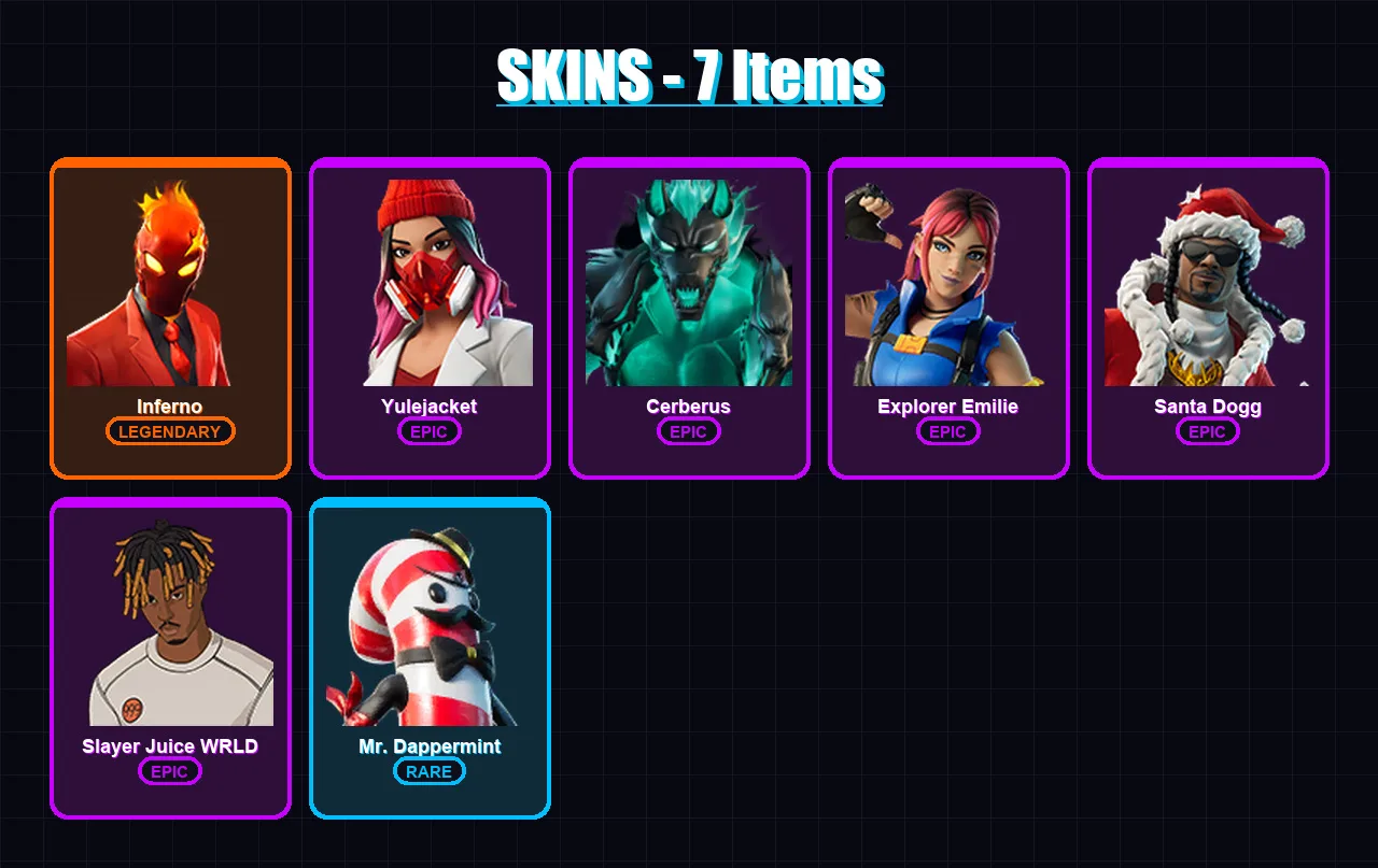 [PC/XBOX/PSN] | Inferno | Yulejacket | Cerberus | Explorer Emilie | Santa Dogg | 7 skin | 12 pickaxe | 8 emote | 5 glider | Lv74