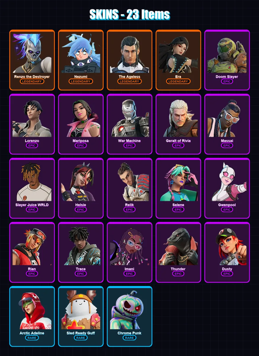 [PS4/PS5/XBOX/PC] | Renzo the Destroyer | Nezumi | The Ageless | Era | Doom Slayer | 23 skin | 31 pickaxe | 21 emote | 30 glider | Lv398