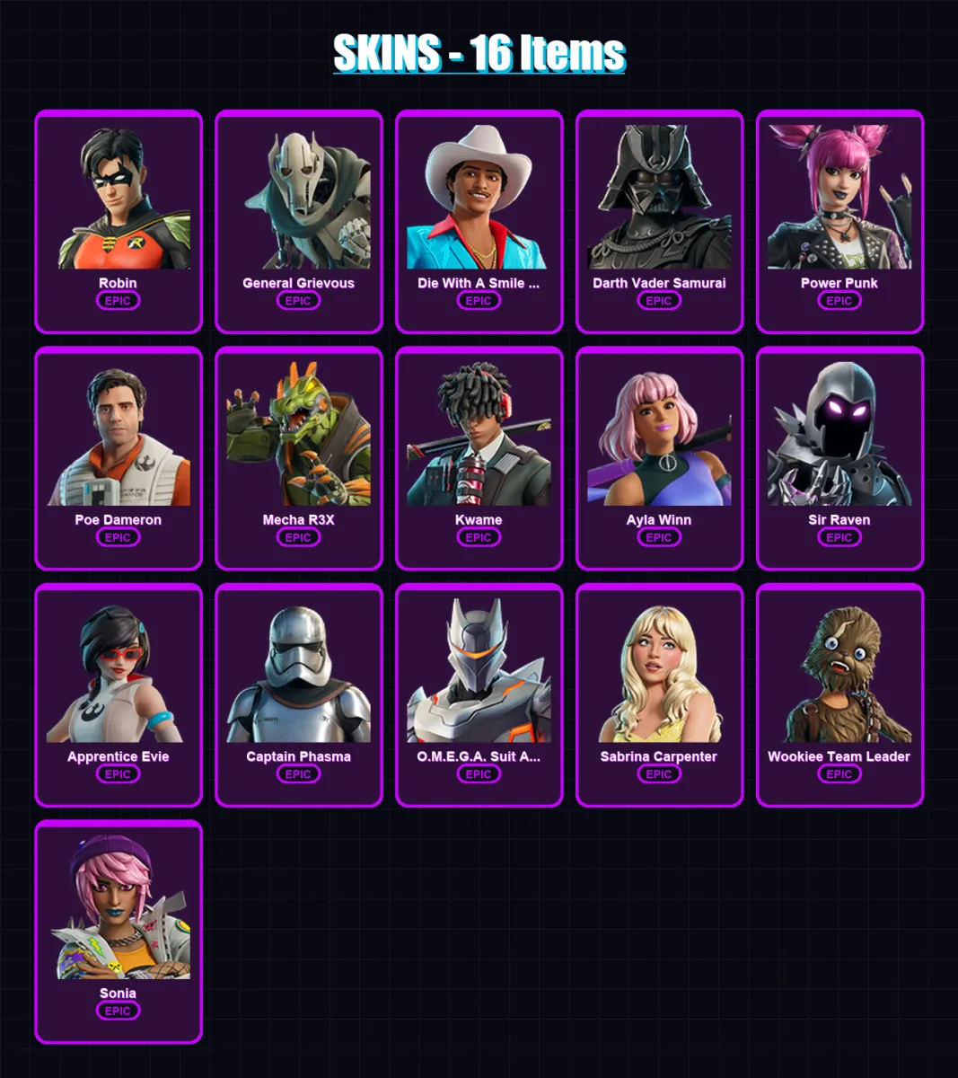 [PC/XBOX/PSN] | Robin | General Grievous | Die With A Smile Bruno | 16 skin | Lv53