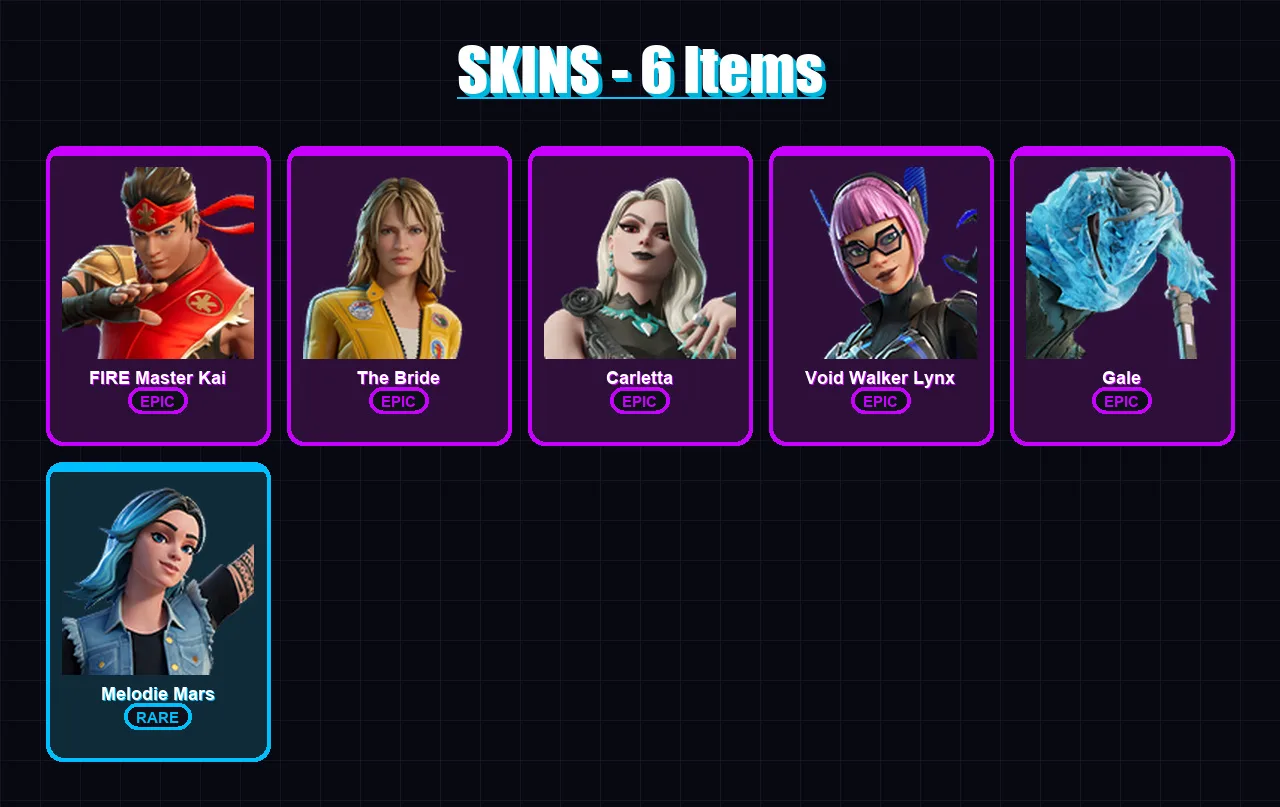 [PC/XBOX/PSN] | FIRE Master Kai | The Bride | Carletta | Void Walker Lynx | Gale | 6 skin | 29 pickaxe | 10 emote | 18 glider | Lv171