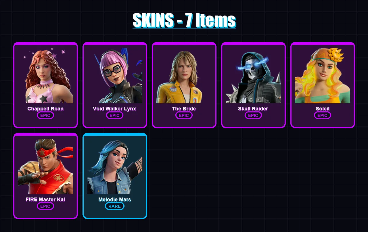 [PC/PSN] | Chappell Roan | Void Walker Lynx | The Bride | Skull Raider | Soleil | 7 skin | 10 pickaxe | 6 emote | 5 glider | Lv33