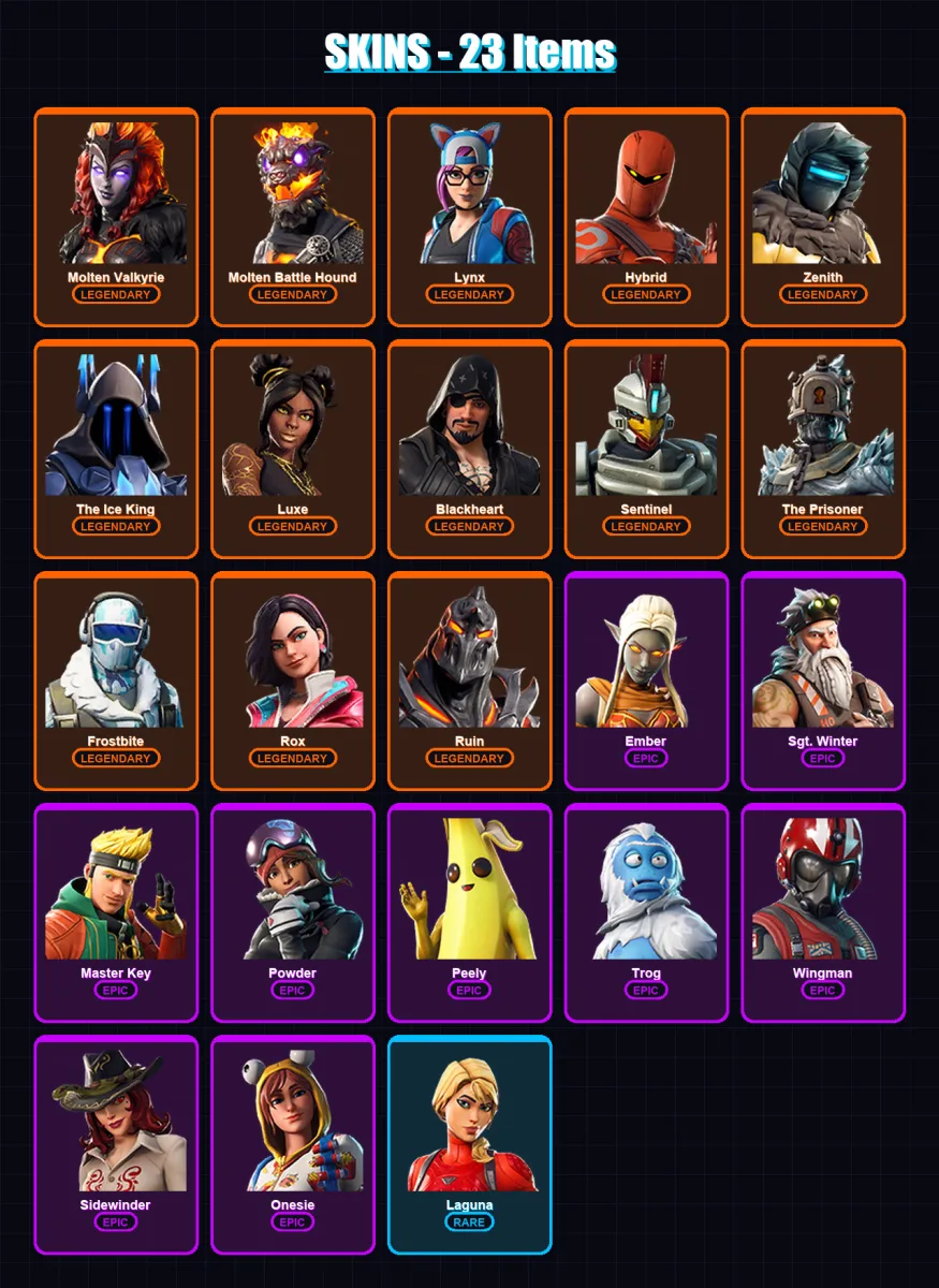 [SWITCH/XBOX/PSN/PC] | Molten Valkyrie | Molten Battle Hound | Lynx | Hybrid | Zenith | 23 skin | 14 pickaxe | 24 emote | 17 glider | Lv170