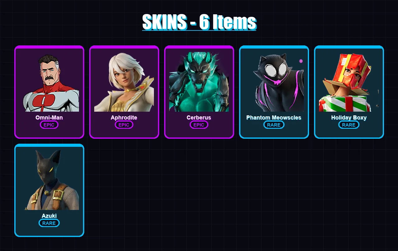 [PC/XBOX/PSN] | Omni-Man | Aphrodite | Cerberus | Phantom Meowscles | Holiday Boxy | 6 skin | 8 pickaxe | 4 emote | 8 glider | Lv59