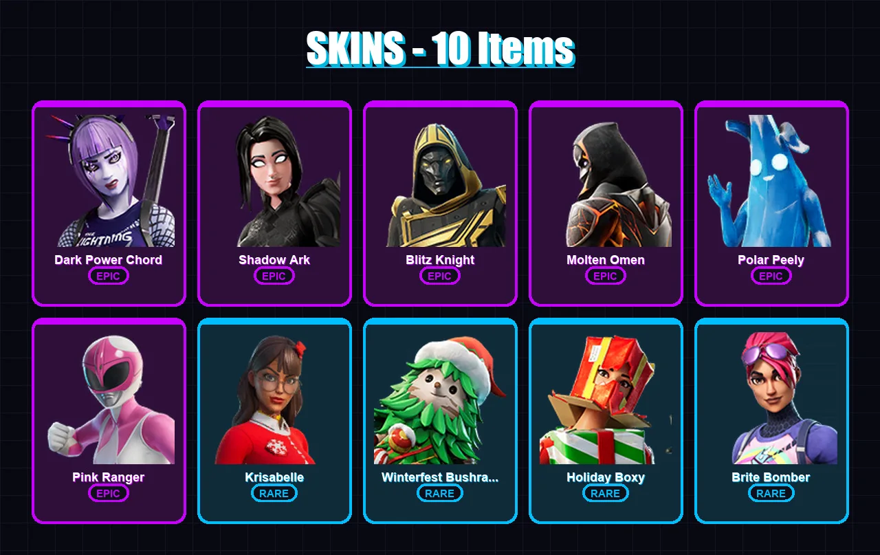 [PS4/PS5/XBOX/PC] | Dark Power Chord | Shadow Ark | Blitz Knight | Molten Omen | Polar Peely | 10 skin | 33 pickaxe | 23 emote | 31 glider | Lv493 — Fortnite account