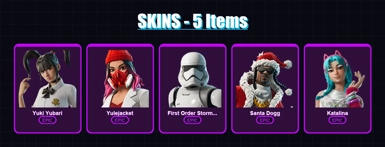 [PC/XBOX/PSN] | Yuki Yubari | Yulejacket | First Order Stormtrooper | Santa Dogg | Katalina | 5 skin | 37 pickaxe | 13 emote | 26 glider | Lv271