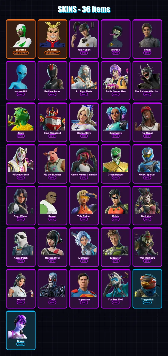 [PC/XBOX/PSN] | Backlash | All Might | Yuki Yubari | Murdoc | Chani | 36 skin | 58 pickaxe | 48 emote | 34 glider | Lv693