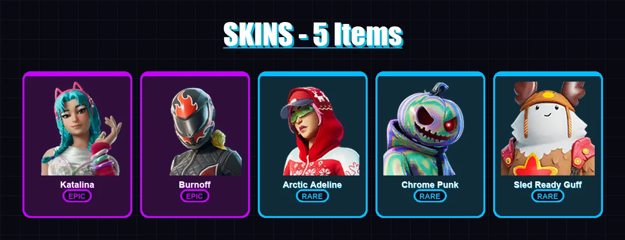 [PC/XBOX/PSN] | Katalina | Burnoff | Arctic Adeline | Chrome Punk | Sled Ready Guff | 5 skin | 11 pickaxe | 5 emote | 11 glider | Lv159