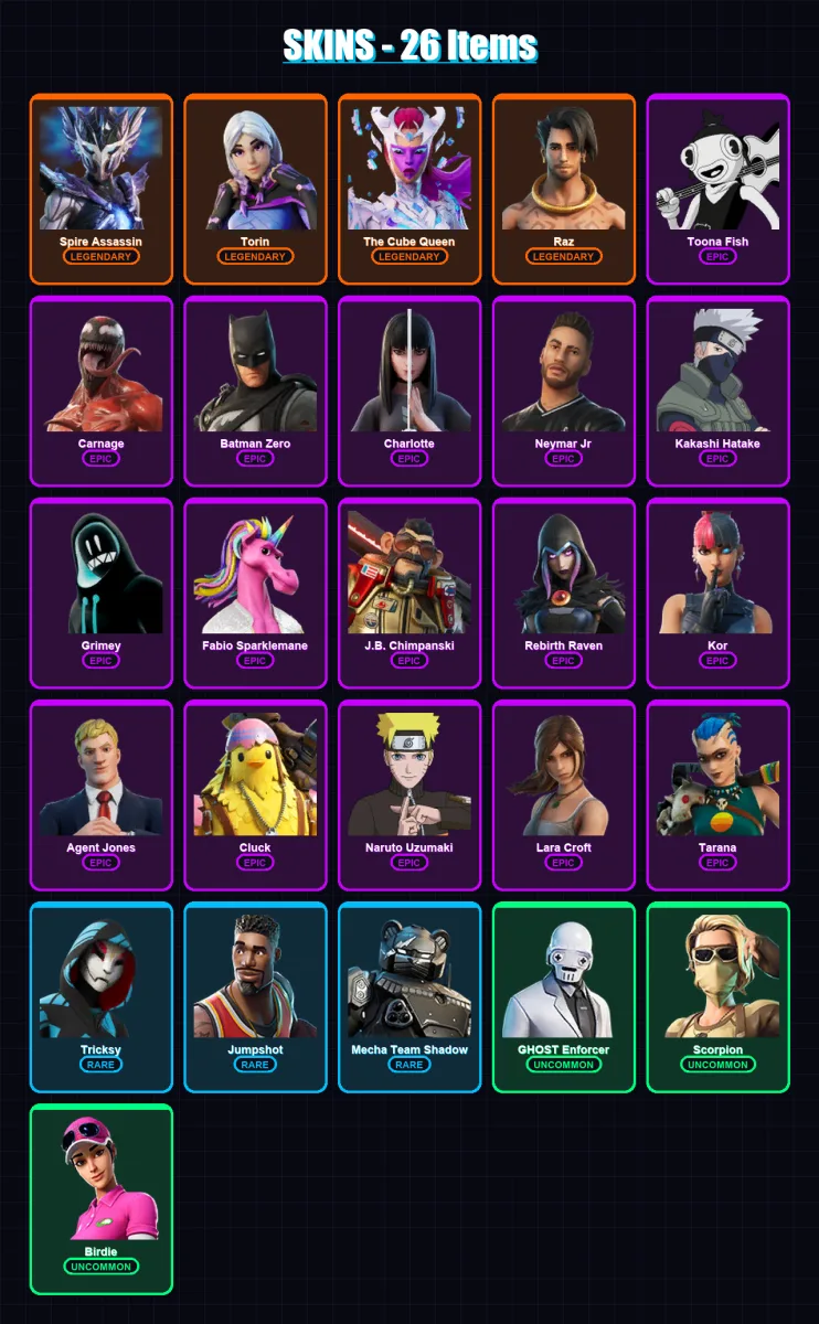 [PC/XBOX/PSN] | Spire Assassin | Torin | The Cube Queen | Raz | Toona Fish | 26 skin | 26 pickaxe | 34 emote | 27 glider | Lv517