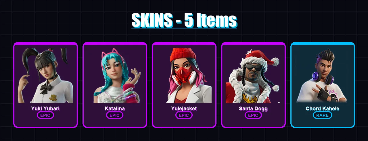 [PC/XBOX/PSN] | Yuki Yubari | Katalina | Yulejacket | Santa Dogg | Chord Kahele | 5 skin | 19 pickaxe | 8 emote | 15 glider | Lv77