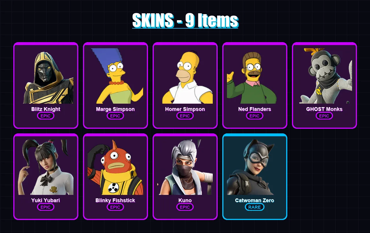 [PC/XBOX] | Blitz Knight | Marge Simpson | Homer Simpson | Ned Flanders | GHOST Monks | 9 skin | 36 pickaxe | 16 emote | 24 glider | Lv266