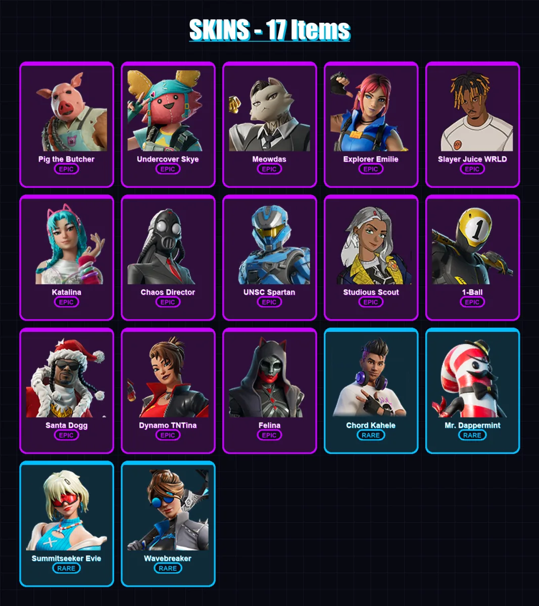 [PC/PSN] | Pig the Butcher | Undercover Skye | Meowdas | Explorer Emilie | Slayer Juice WRLD | 17 skin | 57 pickaxe | 24 emote | 39 glider | Lv632