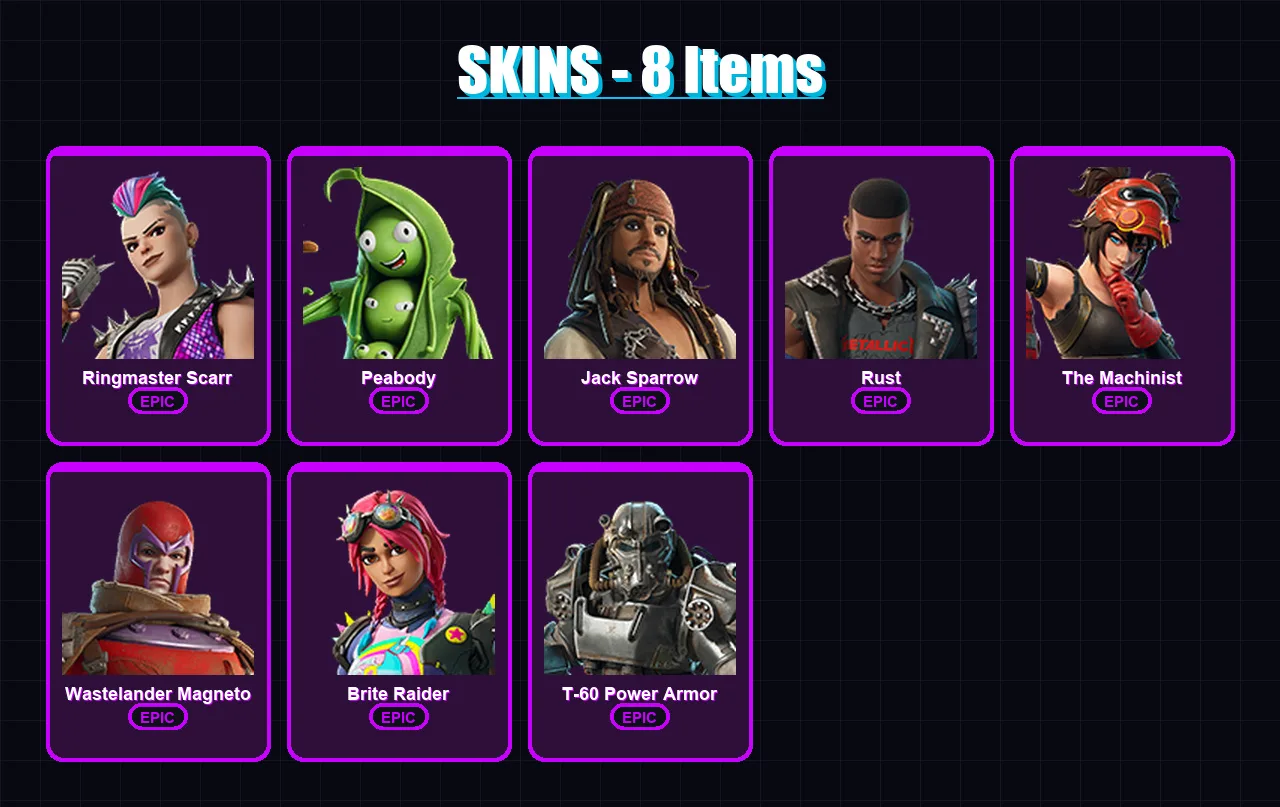 [PS4/PS5/PC] | Ringmaster Scarr | Peabody | Jack Sparrow | Rust | The Machinist | 8 skin | 18 pickaxe | 23 emote | 23 glider | Lv254