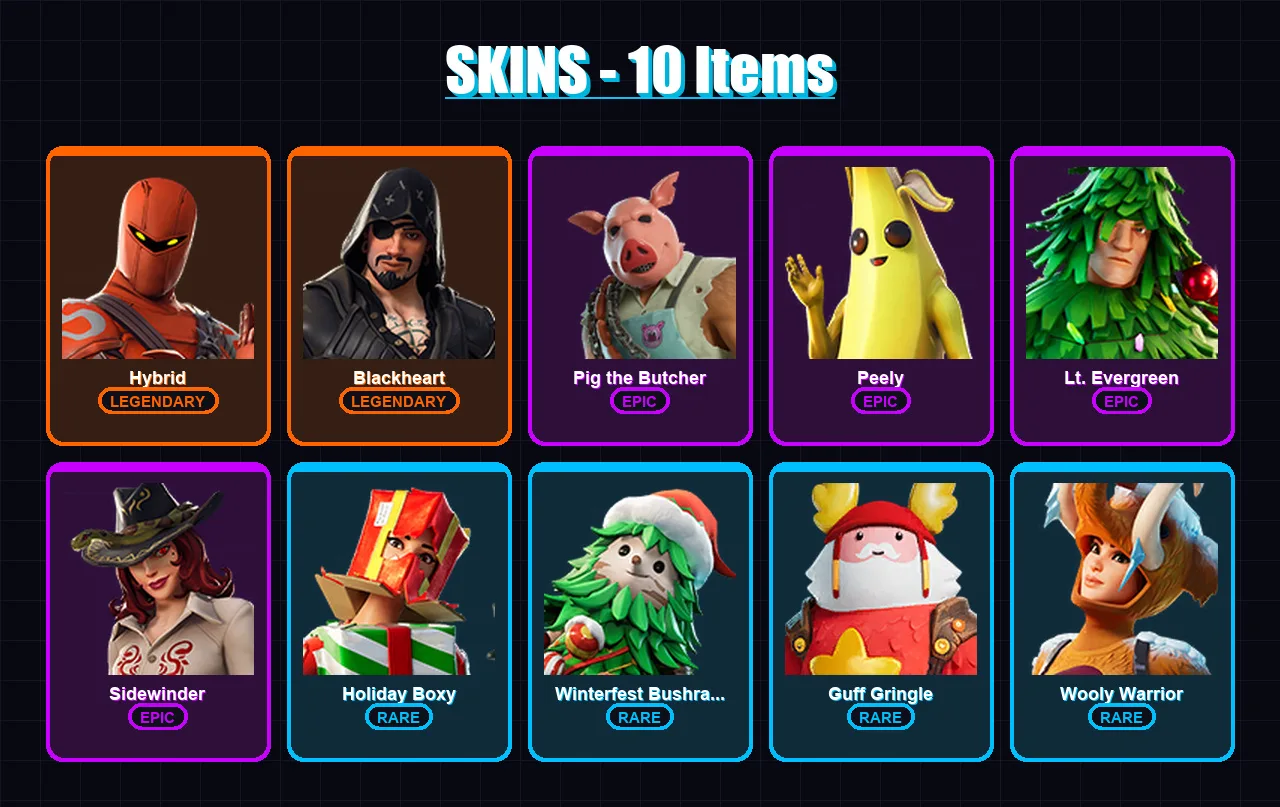 [PC] | Hybrid | Blackheart | Pig the Butcher | Peely | Lt. Evergreen | 10 skin | 25 pickaxe | 25 emote | 32 glider | Lv378