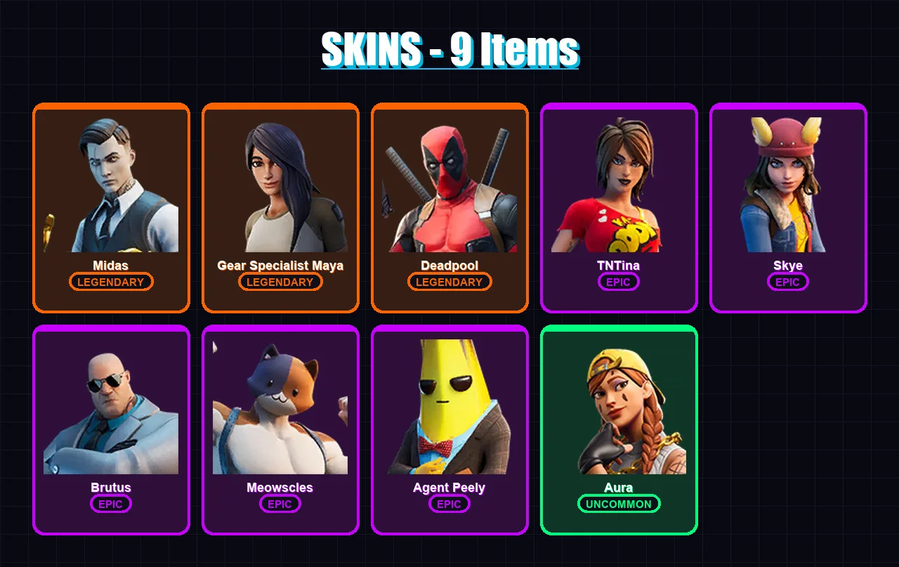 [PC/XBOX/PSN] | Midas | Gear Specialist Maya | Deadpool | TNTina | Skye | 9 skin | 11 pickaxe | 14 emote | 14 glider | Lv245