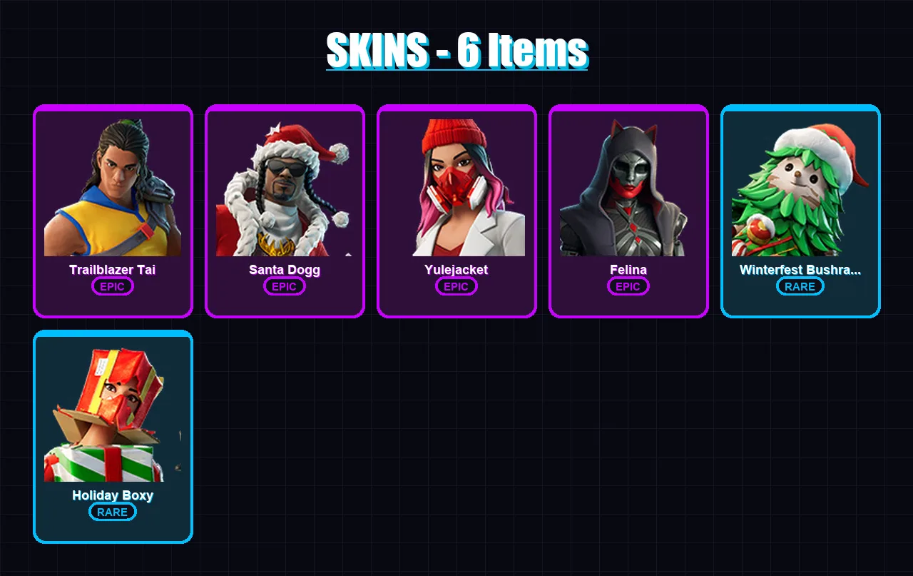[PC/PSN] | Trailblazer Tai | Santa Dogg | Yulejacket | Felina | Winterfest Bushranger | 6 skin | 23 pickaxe | 5 emote | 10 glider | Lv207