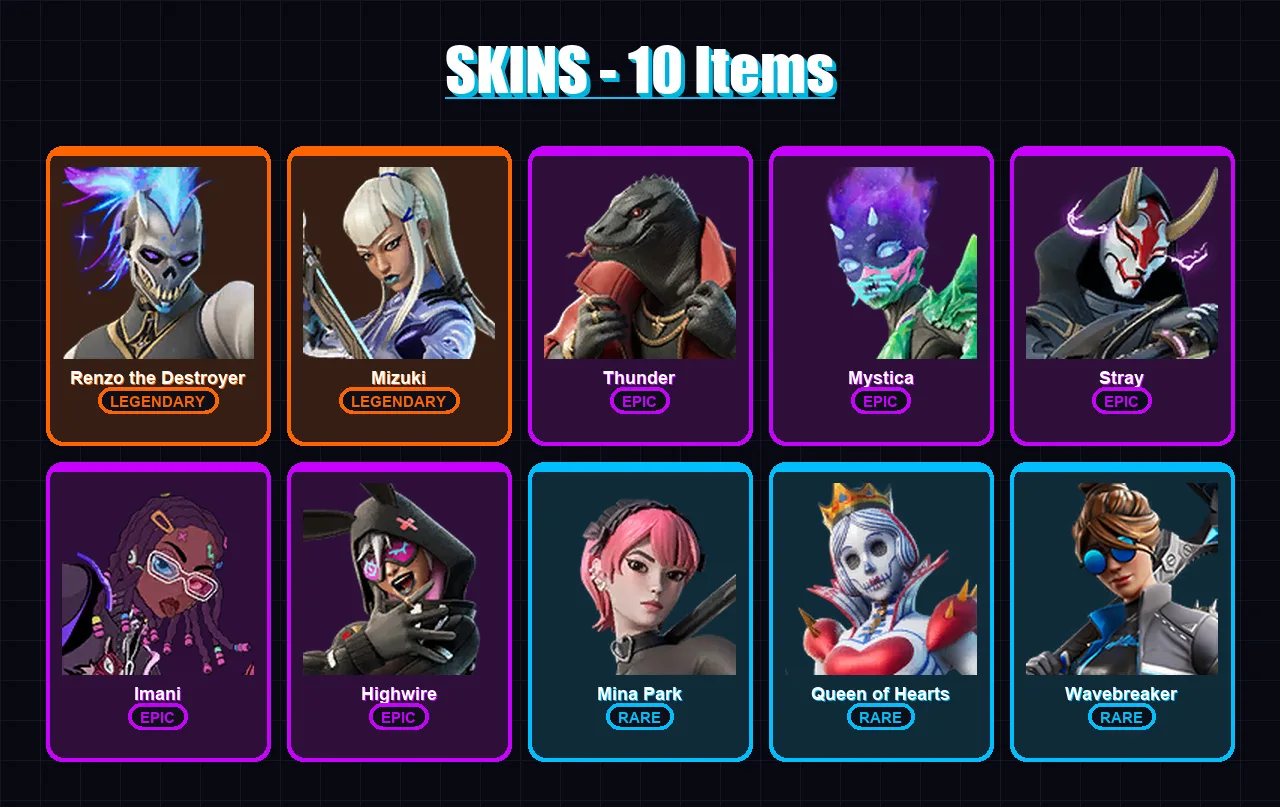 [PC/XBOX/PSN] | Renzo the Destroyer | Mizuki | Thunder | Mystica | Stray | 10 skin | 15 pickaxe | 14 emote | 16 glider | Lv217 — Fortnite account