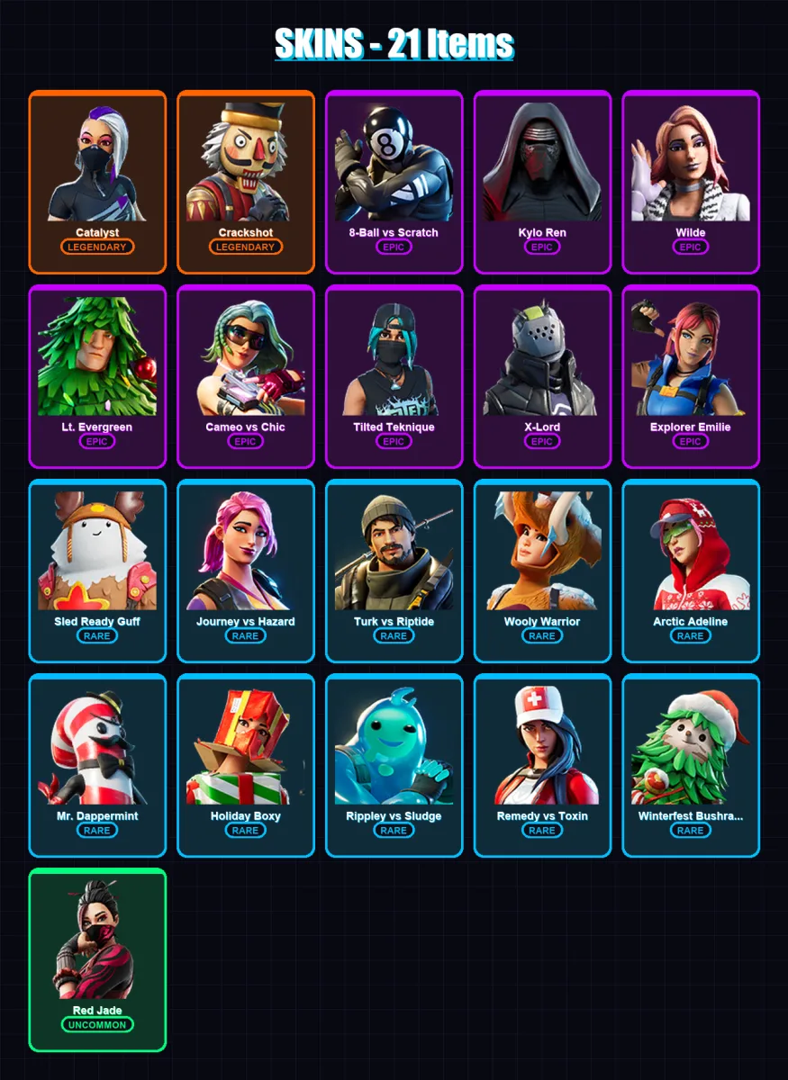 [PC/XBOX] | Catalyst | Crackshot | 8-Ball vs Scratch | Kylo Ren | Wilde | 21 skin | 17 pickaxe | 17 emote | 17 glider | Lv174
