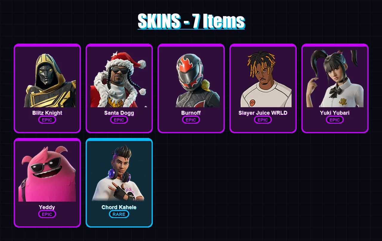 [PC/XBOX/PSN] | Blitz Knight | Santa Dogg | Burnoff | Slayer Juice WRLD | Yuki Yubari | 7 skin | 40 pickaxe | 14 emote | 26 glider | Lv363