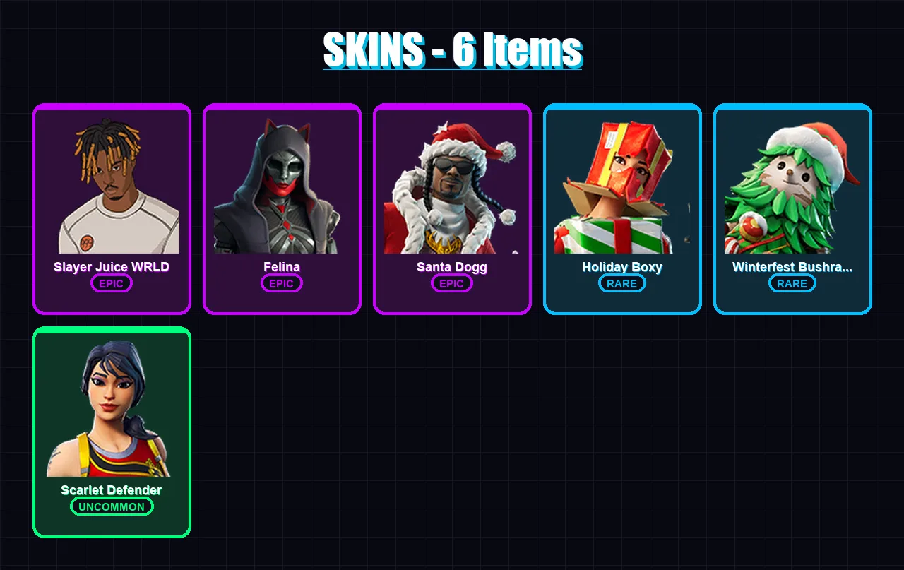 [PC/XBOX/PSN] | Slayer Juice WRLD | Felina | Santa Dogg | Holiday Boxy | Winterfest Bushranger | 6 skin | 26 pickaxe | 13 emote | 21 glider | Lv396