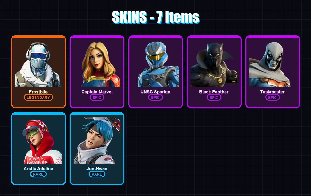 [PC/XBOX] | Frostbite | Captain Marvel | UNSC Spartan | Black Panther | Taskmaster | 7 skin | 8 pickaxe | 2 emote | 5 glider | Lv15