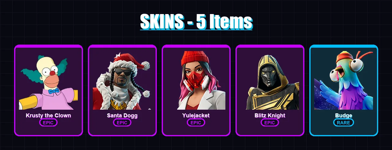 [PC/XBOX] | Krusty the Clown | Santa Dogg | Yulejacket | Blitz Knight | Budge | 5 skin | 45 pickaxe | 17 emote | 31 glider | Lv327