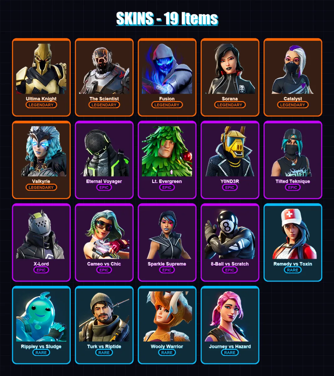 [PC/XBOX/PSN] | Ultima Knight | The Scientist | Fusion | Sorana | Catalyst | 19 skin | 16 pickaxe | 18 emote | 21 glider | Lv227