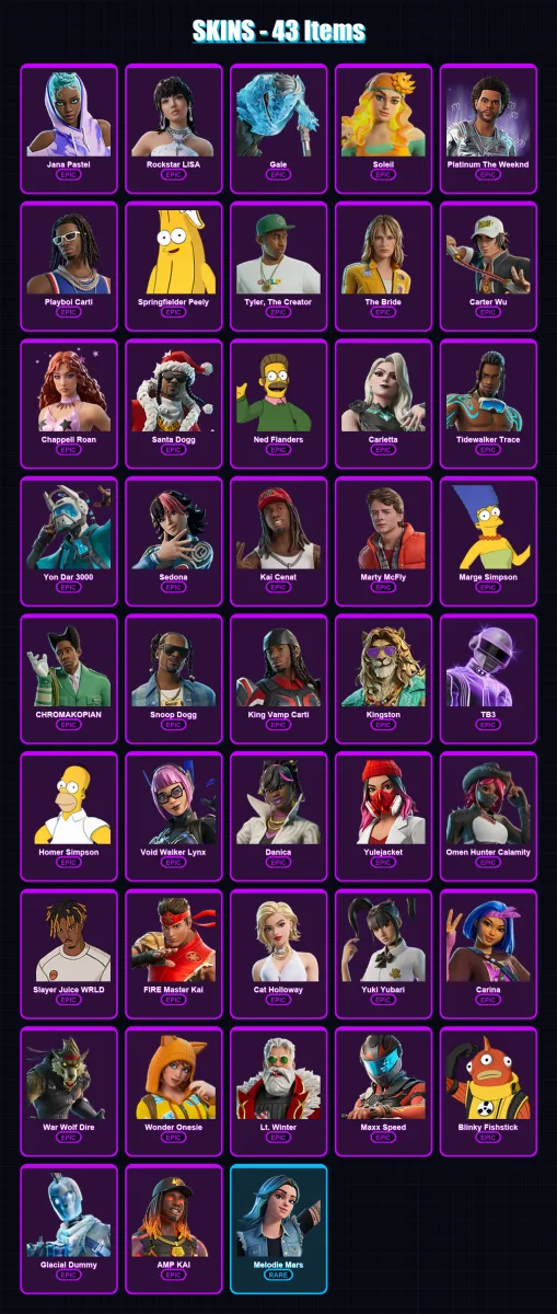 [PC/XBOX/PSN] | Jana Pastel | Rockstar LISA | Gale | Soleil | Platinum The Weeknd | 43 skin | 57 pickaxe | 37 emote | 24 glider | Lv253