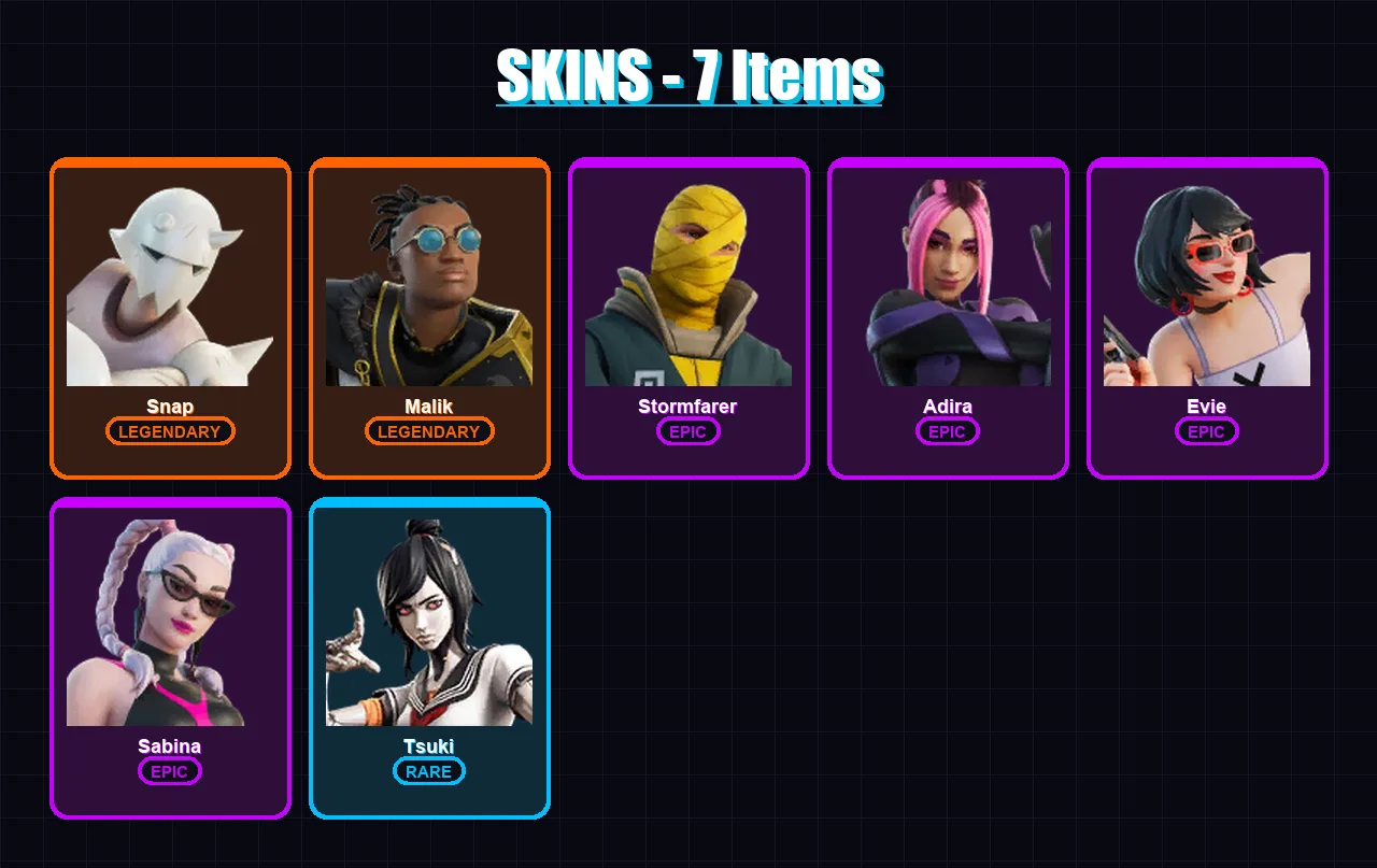 [PC/XBOX/PSN] | Snap | Malik | Stormfarer | Adira | Evie | 7 skin | 10 pickaxe | 11 emote | 10 glider | Lv146