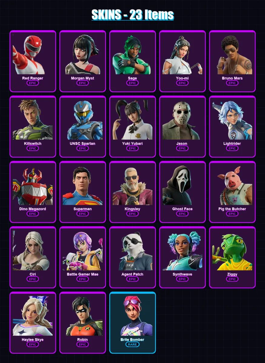 [PS4/PS5/XBOX/PC] | Red Ranger | Morgan Myst | Sage | Yoo-mi | Bruno Mars | 23 skin | 40 pickaxe | 24 emote | 24 glider | Lv194
