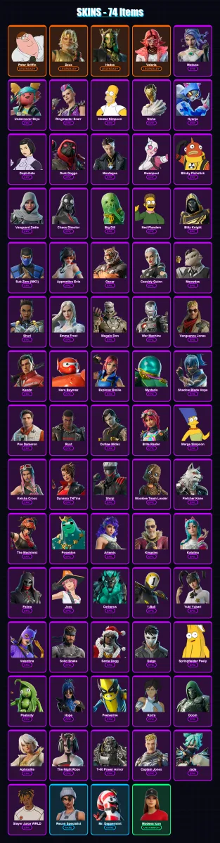 [PC/PSN] | Peter Griffin | Zeus | Hades | Valeria | Medusa | 74 skin | 122 pickaxe | 87 emote | 86 glider | Lv1318