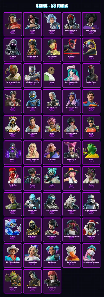 [PS4/PS5/XBOX/PC] | Kendo | Sedona | Lightrider | The Visitor (Reality Unknown) | LBC '93 Dogg | 53 skin | 65 pickaxe | 41 emote | 35 glider | Lv245
