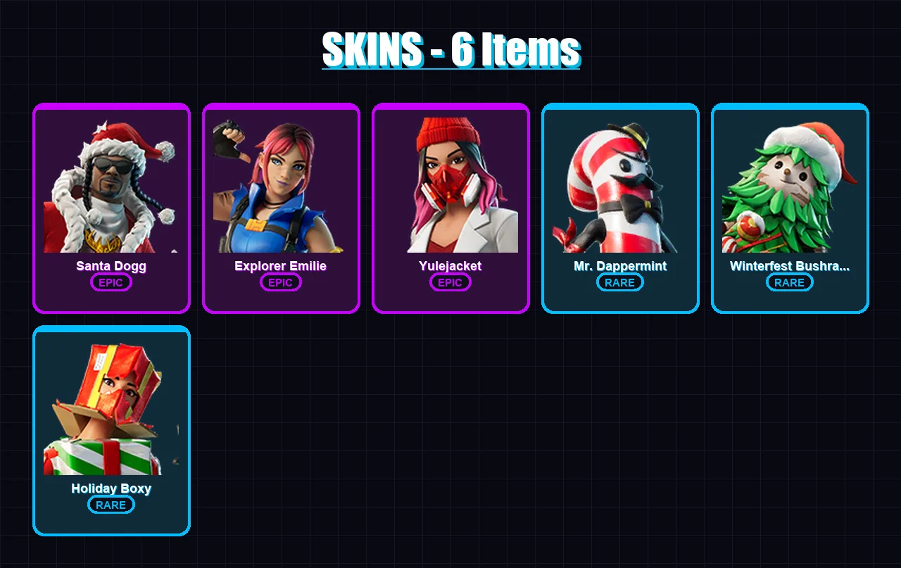 [PC/XBOX/PSN] | Santa Dogg | Explorer Emilie | Yulejacket | Mr. Dappermint | Winterfest Bushranger | 6 skin | 5 pickaxe | 3 emote | 7 glider | Lv25