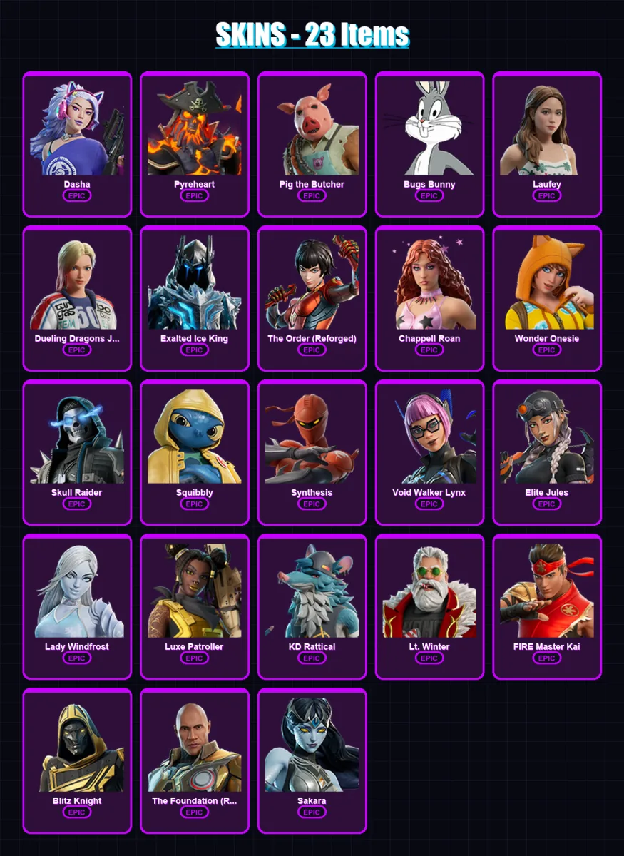 [PC/PSN] | Dasha | Pyreheart | Pig the Butcher | Bugs Bunny | Laufey | 23 skin | 43 pickaxe | 26 emote | 26 glider | Lv244