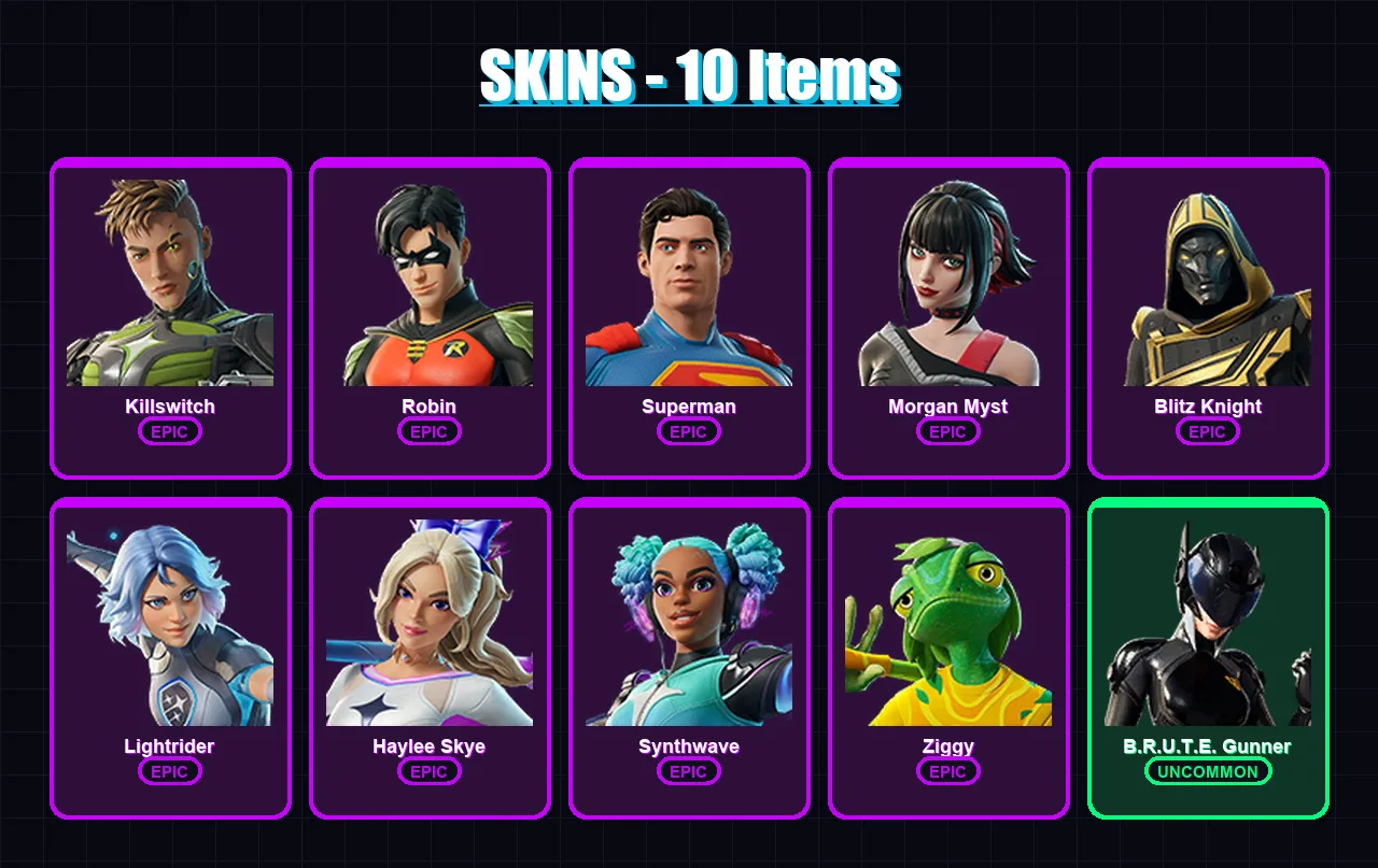 [PS4/PS5/XBOX/PC] | Killswitch | Robin | Superman | Morgan Myst | Blitz Knight | 10 skin | 31 pickaxe | 15 emote | 24 glider | Lv234