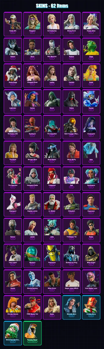 [PC/PSN] | Carter Wu | Kingston | Cat Holloway | Emma Frost | Haylee Skye | 62 skin | 102 pickaxe | 66 emote | 64 glider | Lv970 — Fortnite account