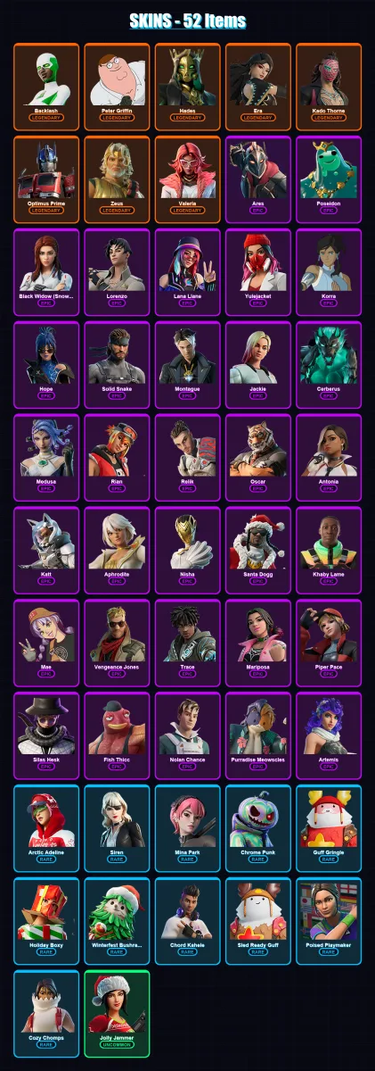 [PC/XBOX/PSN] | Backlash | Peter Griffin | Hades | Era | Kado Thorne | 52 skin | 62 pickaxe | 47 emote | 51 glider | Lv829 — Fortnite account