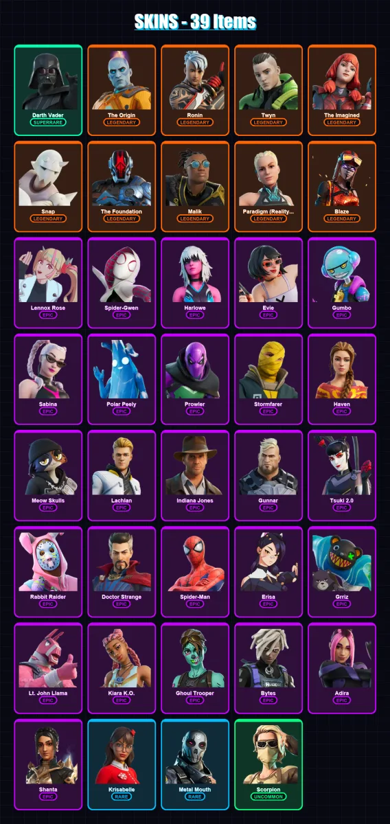 [PS4/PS5/XBOX/PC] | Darth Vader | The Origin | Ronin | Twyn | The Imagined | 39 skin | 42 pickaxe | 66 emote | 43 glider | Lv838