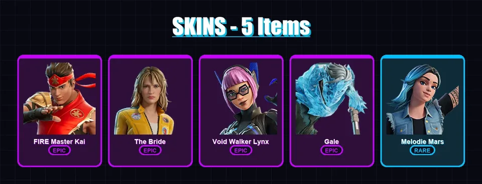 [PC/PSN] | FIRE Master Kai | The Bride | Void Walker Lynx | Gale | Melodie Mars | 5 skin | 4 pickaxe | 6 emote | 5 glider | Lv10 — main preview