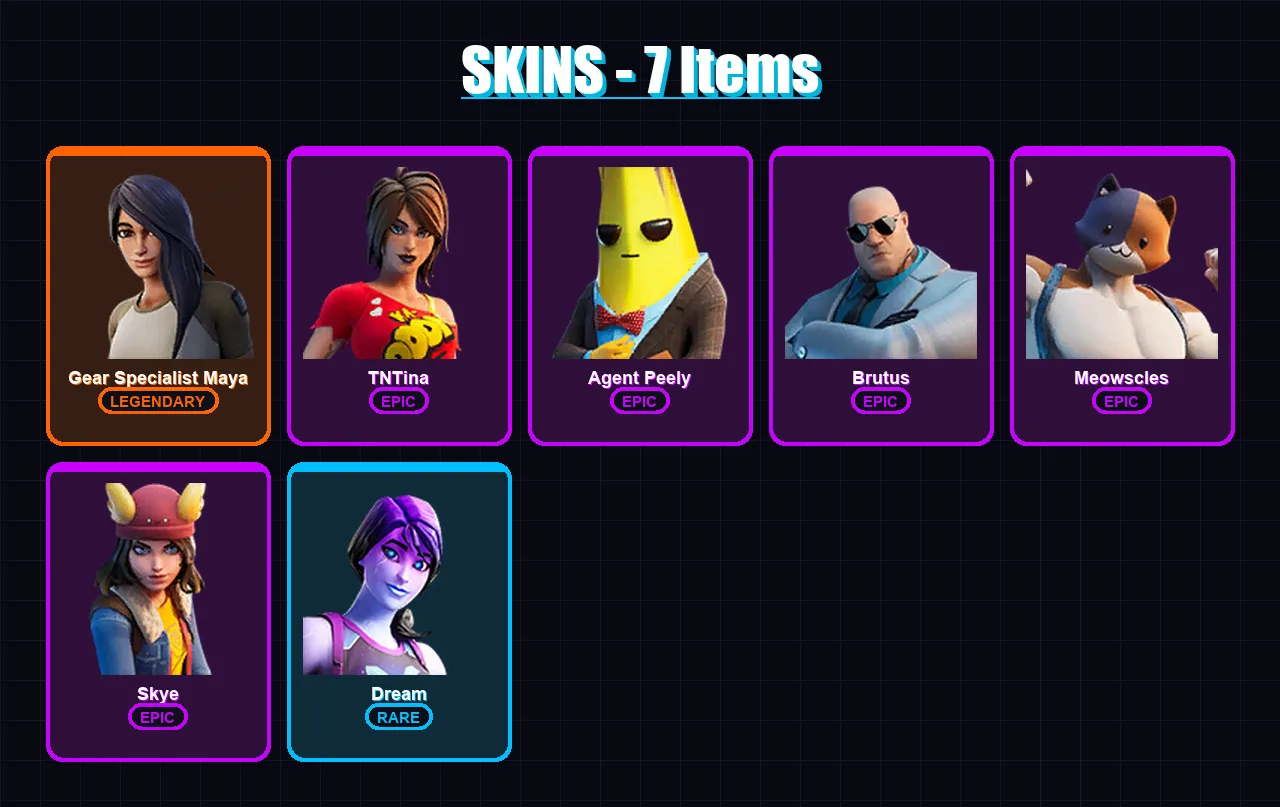 [PC/XBOX/PSN] | Gear Specialist Maya | TNTina | Agent Peely | Brutus | Meowscles | 7 skin | 9 pickaxe | 9 emote | 13 glider | Lv153