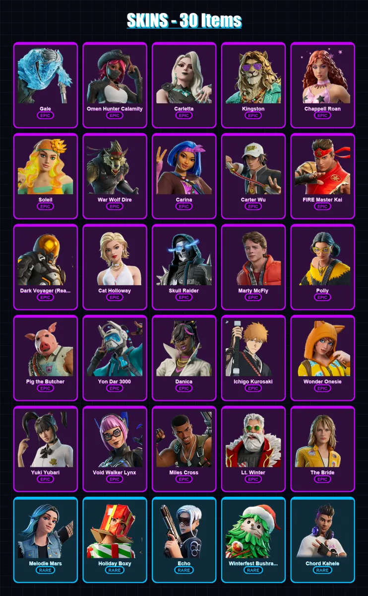 [PC/PSN] | Gale | Omen Hunter Calamity | Carletta | Kingston | Chappell Roan | 30 skin | 47 pickaxe | 25 emote | 31 glider | Lv224