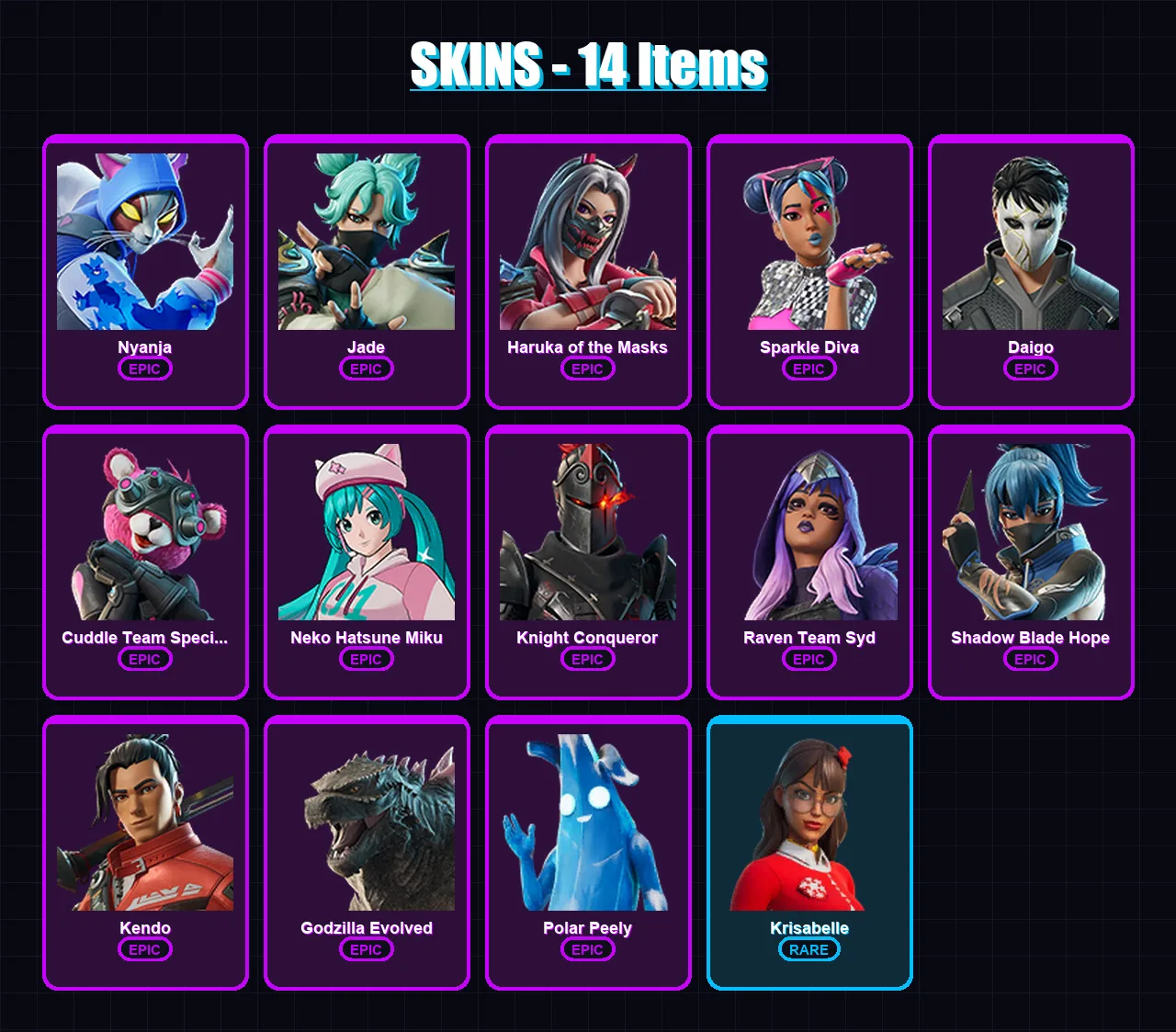 [PC/PSN] | Nyanja | Jade | Haruka of the Masks | Sparkle Diva | Daigo | 14 skin | 20 pickaxe | 19 emote | 13 glider | Lv105