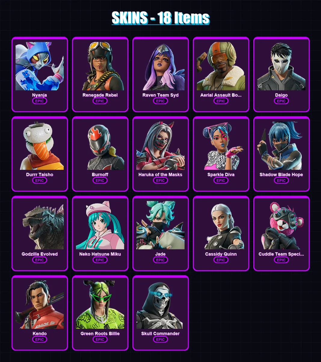 [PC/XBOX] | Nyanja | Renegade Rebel | Raven Team Syd | Aerial Assault Bomber | Daigo | 18 skin | 35 pickaxe | 19 emote | 21 glider | Lv189