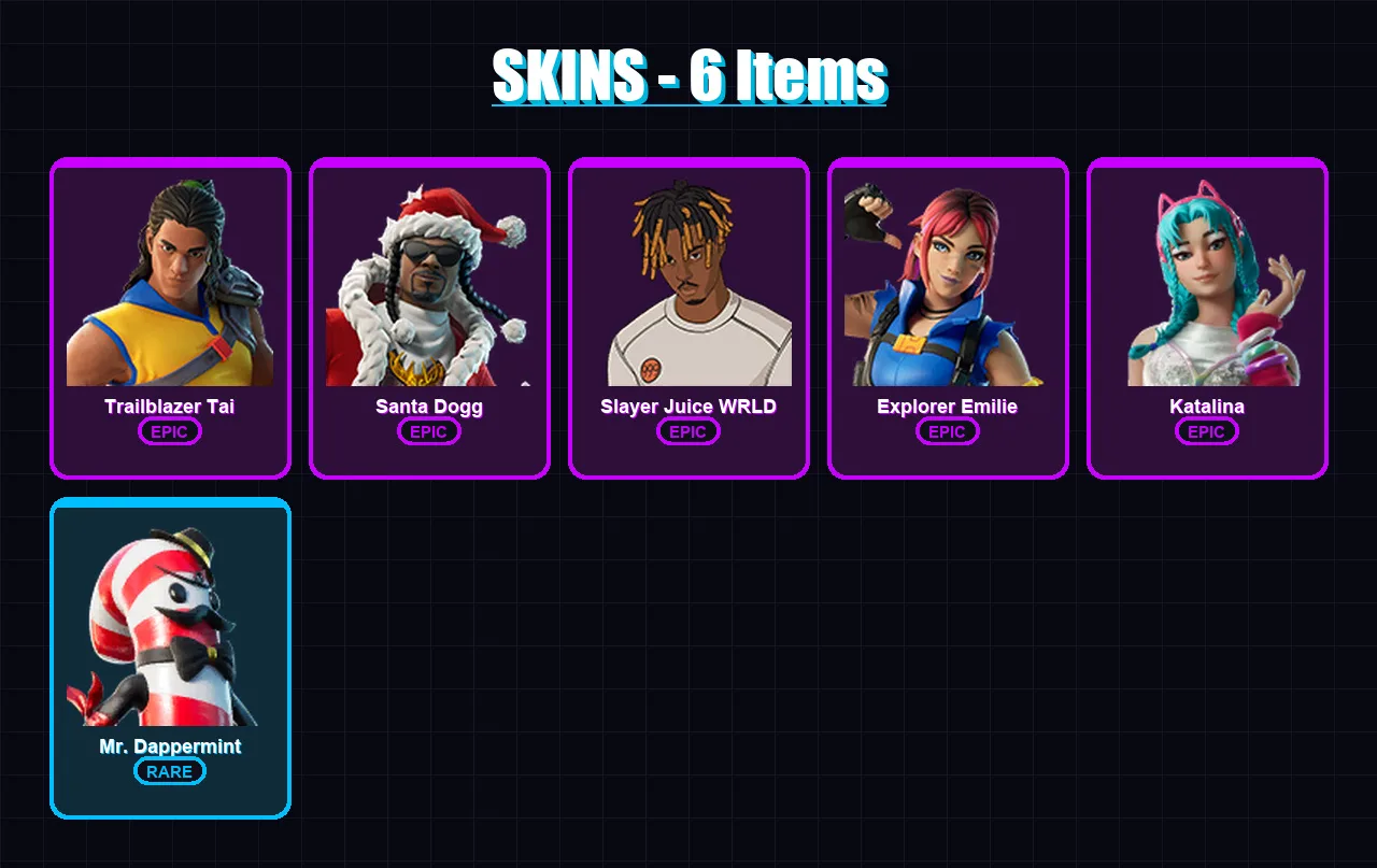 [PS4/PS5/XBOX/PC] | Trailblazer Tai | Santa Dogg | Slayer Juice WRLD | Explorer Emilie | Katalina | 6 skin | 14 pickaxe | 3 emote | 5 glider | Lv69