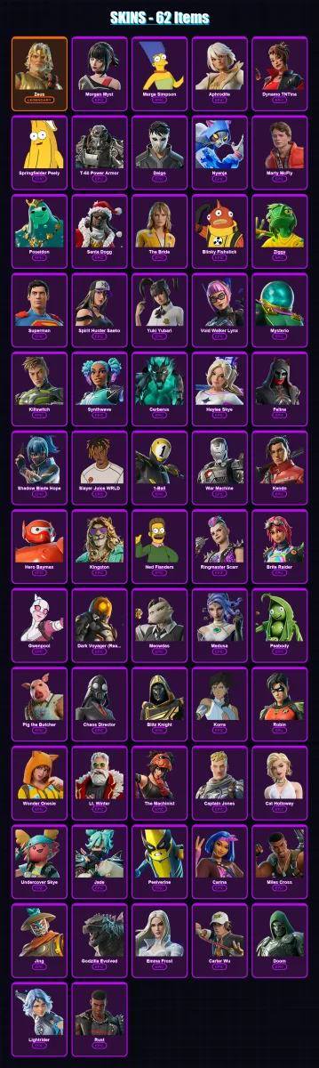 [PC/XBOX/PSN] | Zeus | Morgan Myst | Marge Simpson | Aphrodite | Dynamo TNTina | 62 skin | 114 pickaxe | 76 emote | 77 glider | Lv1087