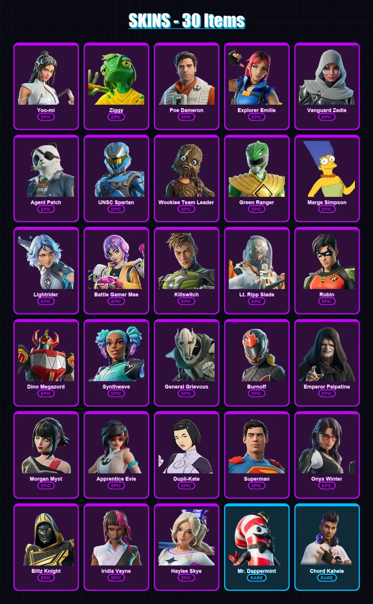 [PC/PSN] | Yoo-mi | Ziggy | Poe Dameron | Explorer Emilie | Vanguard Zadie | 30 skin | 72 pickaxe | 41 emote | 44 glider | Lv1132