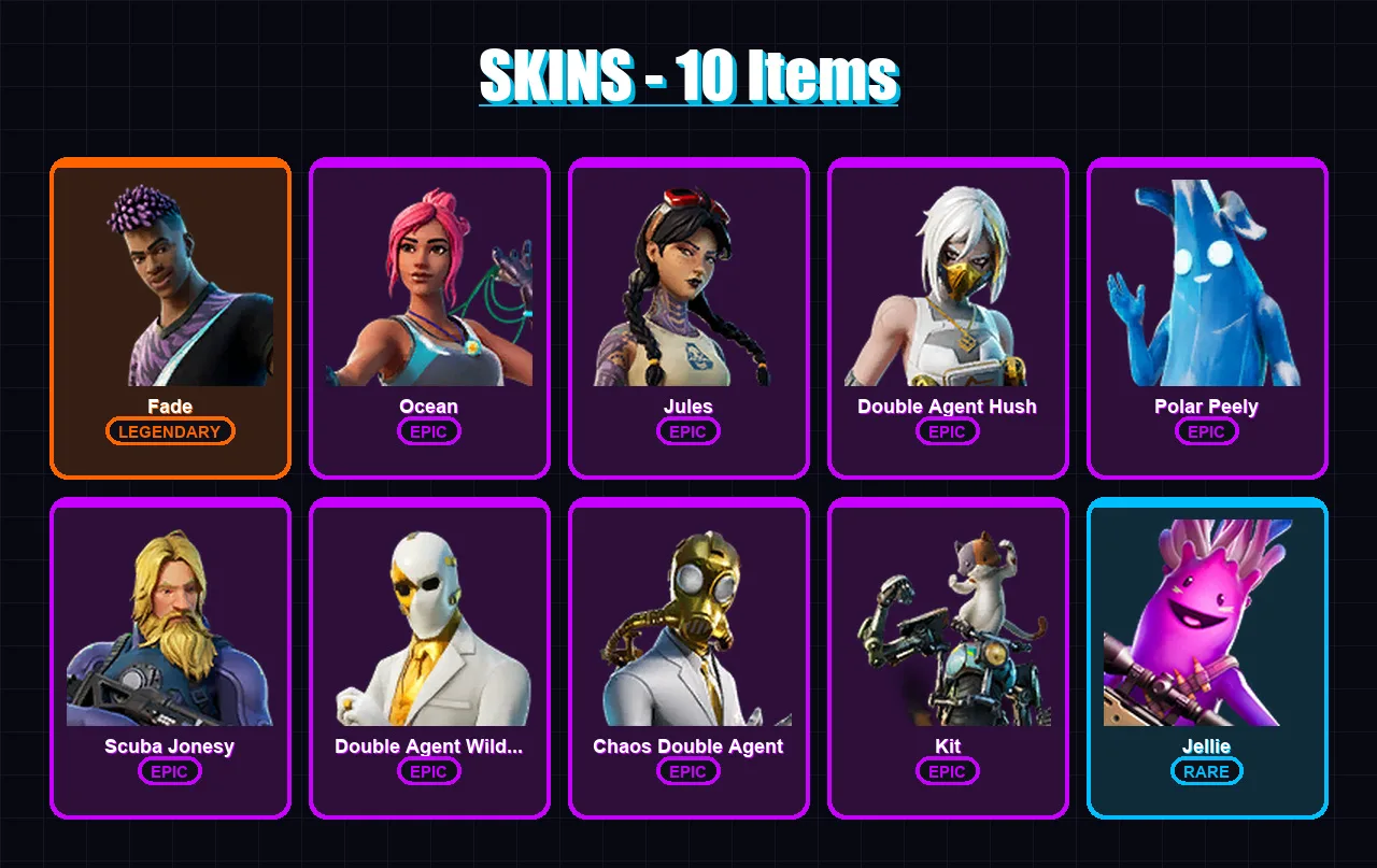 [PS4/PS5/XBOX/PC] | Fade | Ocean | Jules | Double Agent Hush | Polar Peely | 10 skin | 13 pickaxe | 17 emote | 17 glider | Lv261
